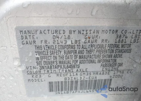 2018 Nissan Sentra Sv z USA, uszkodzony, nr VIN 3N1AB7APXJL645975